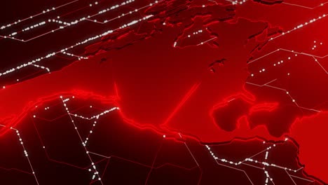 north america on a digital map with glowing red network connections and data lines. concept of global communication, connectivity