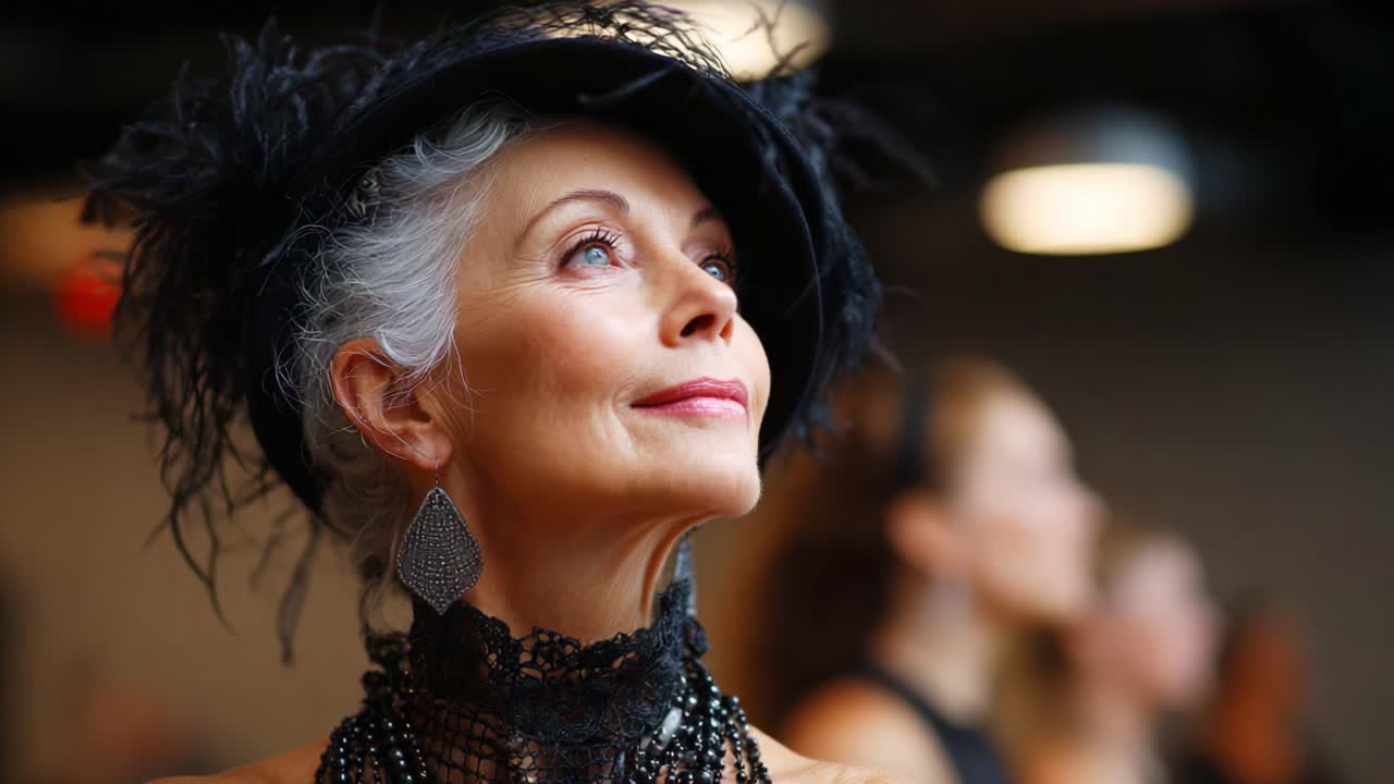 Captivating Elegance: A Time-Defying Beauty in a Lavish Hat, Radiating Poise and Grace, Enveloped in a Mesmerizing Atmosphere of Sophistication and Charm