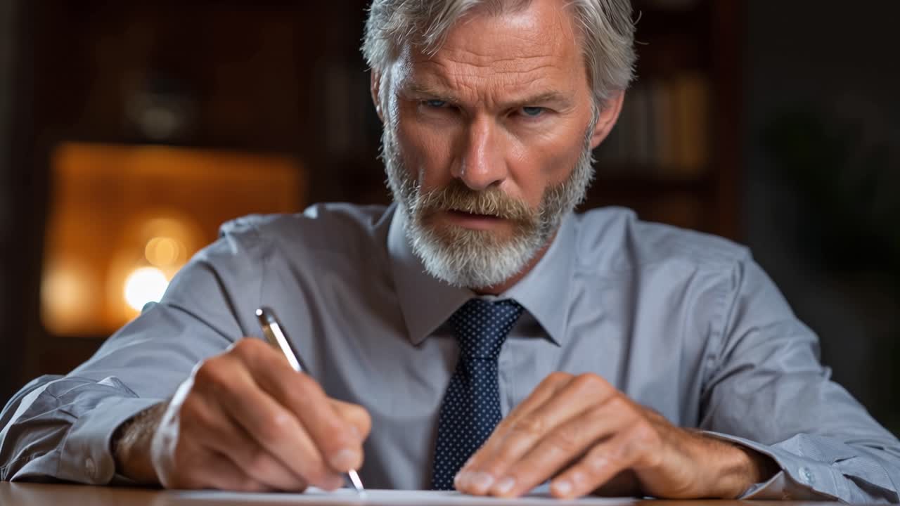 Man writes intently at desk. Focused eyes meet camera's gaze. Businessman signs document with determination. Serious tone conveys importance of decision. Use for legal, corporate, or finance themes