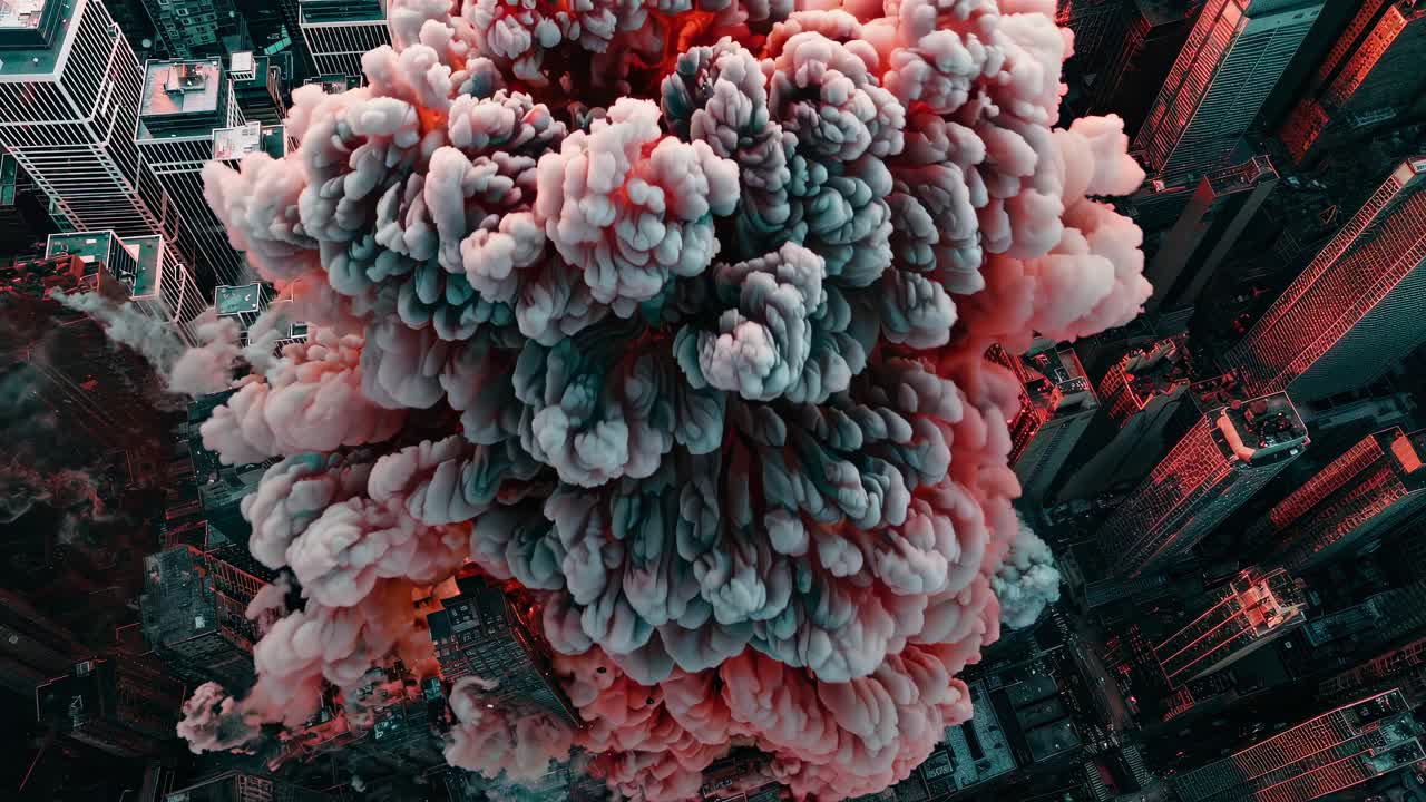 Ripresa aerea di un paesaggio urbano con drammatiche nuvole di fumo colorate che si innalzano tra i grattacieli.
