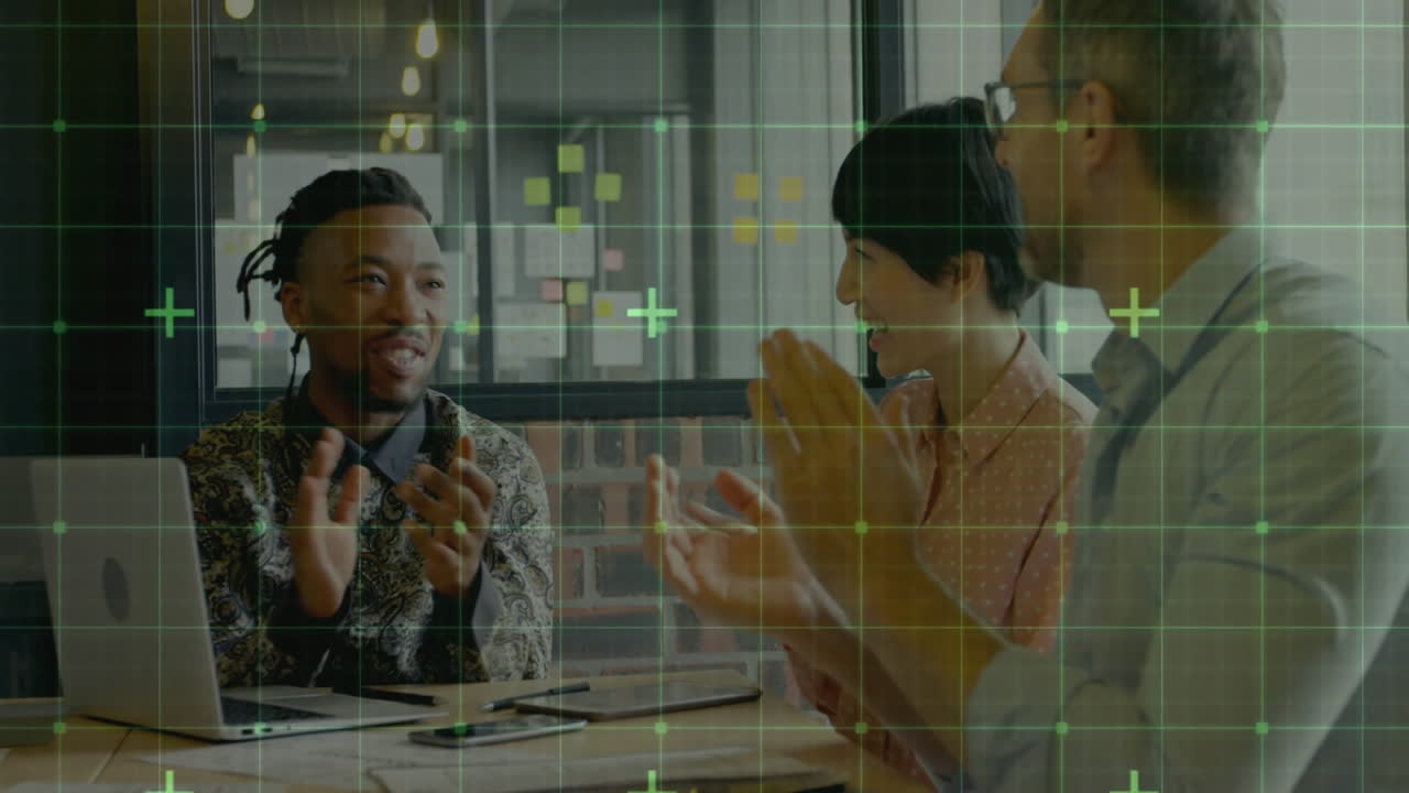 Animation of financial data processing over diverse business people in office