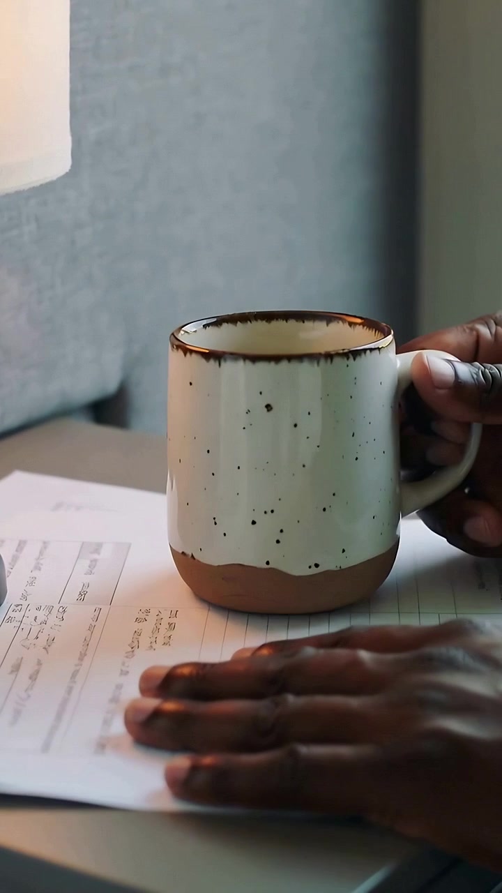Video verticale: Mani con maglione grigio che afferrano e spostano una tazza maculata sulla scrivania, sistemando documenti per il lavoro