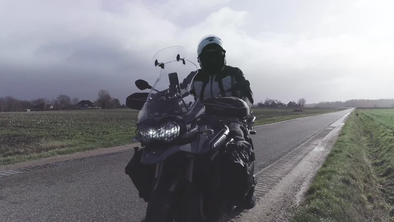 Drone shot of motorcycle standing still