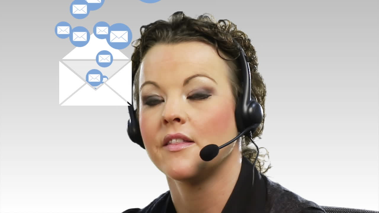 Animation of envelope with digital icons over businesswoman wearing headset