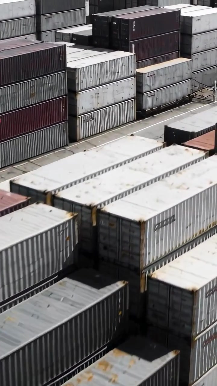 Vertical video: Tilting camera revealing stacked containers at port yard, showing cracked lane