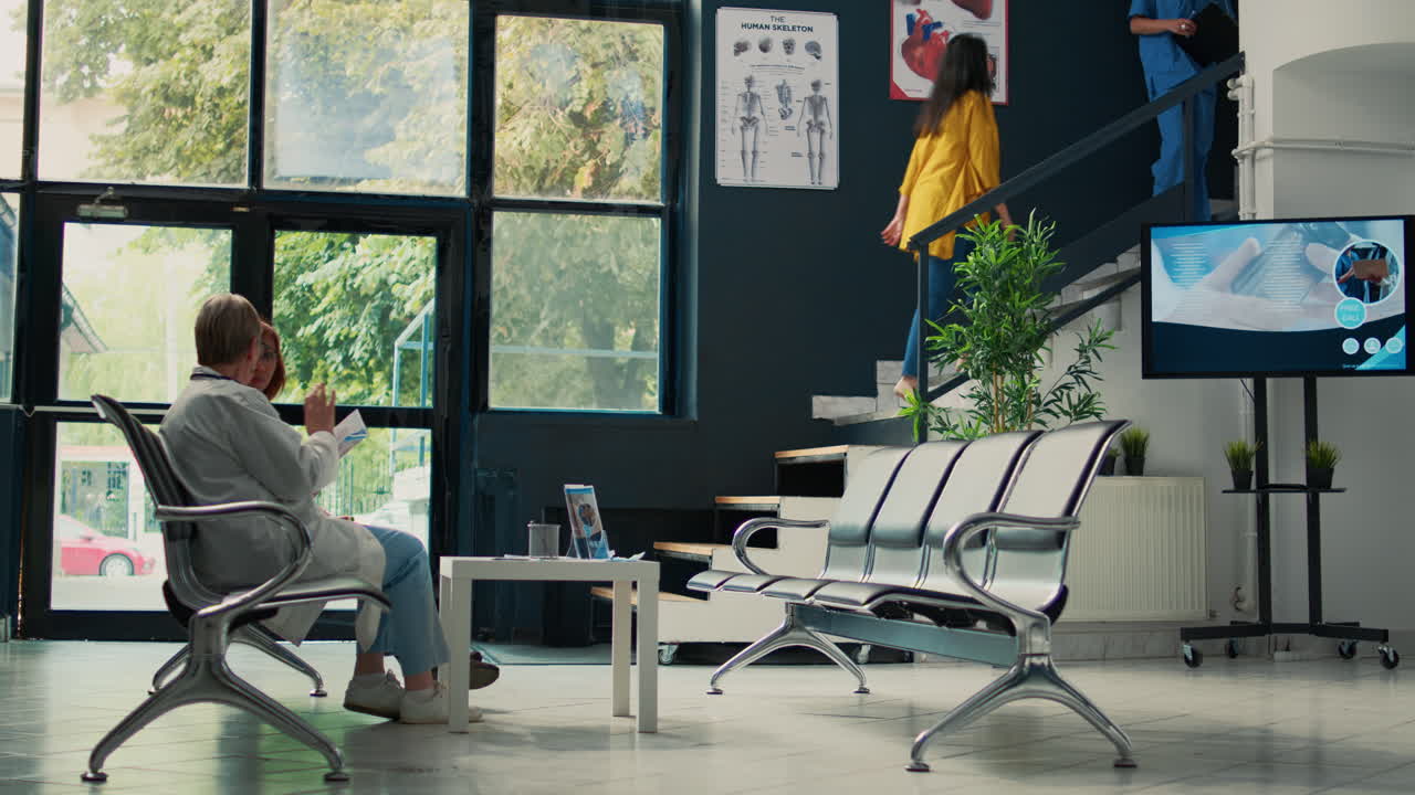 Medical waiting room with doctors, patients, and nurses