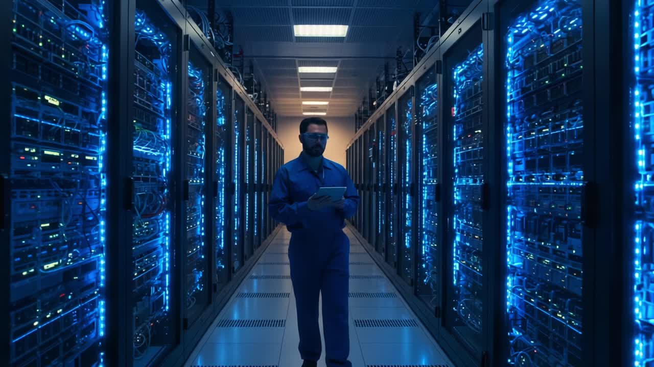 A technician navigating through a high-tech server room filled with illuminated racks of servers, showcasing a modern data center in action