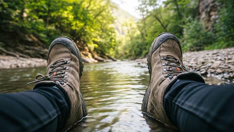 a serene moment by the riverbank: embracing nature with relaxation and adventure in the great outdoors surrounded by lush greenery and tranquil waters