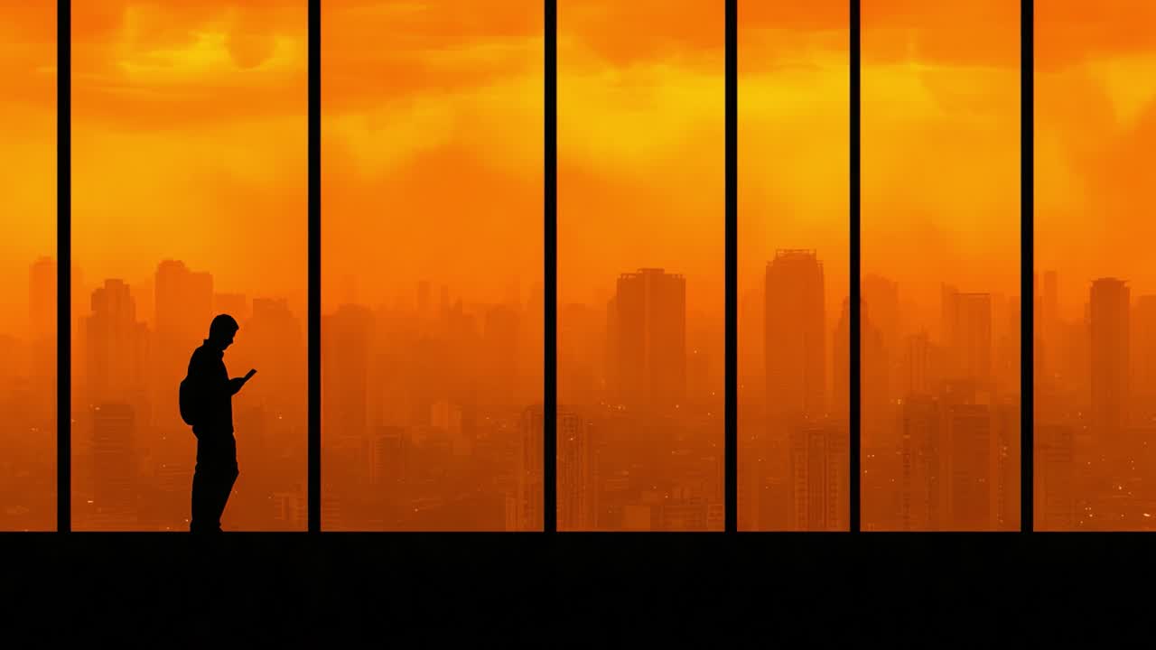 Una figura solitaria se recorta contra una puesta de sol anaranjada, absorta en un dispositivo mientras contempla el horizonte de una extensa ciudad enmarcada por altos ventanales.