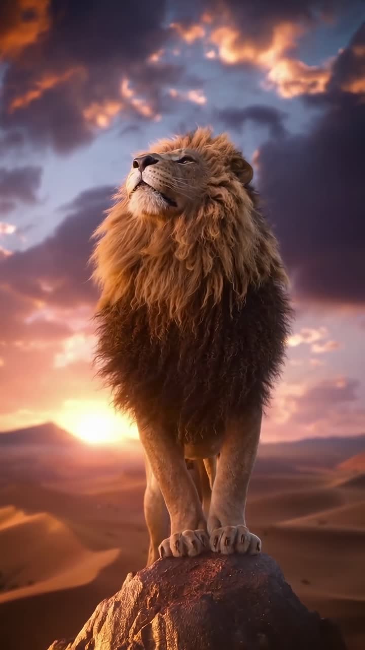 Majestátní lev na skále při západu slunce, zachycený z nízkého úhlu, připomínající filmové video.