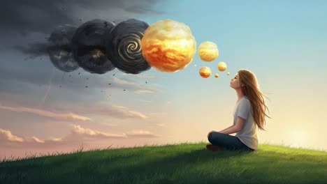 a serene moment of contemplation: a young woman sits on a grassy hill, meditating while dreamlike celestial bodies float above, representing the fusion of storm and calm