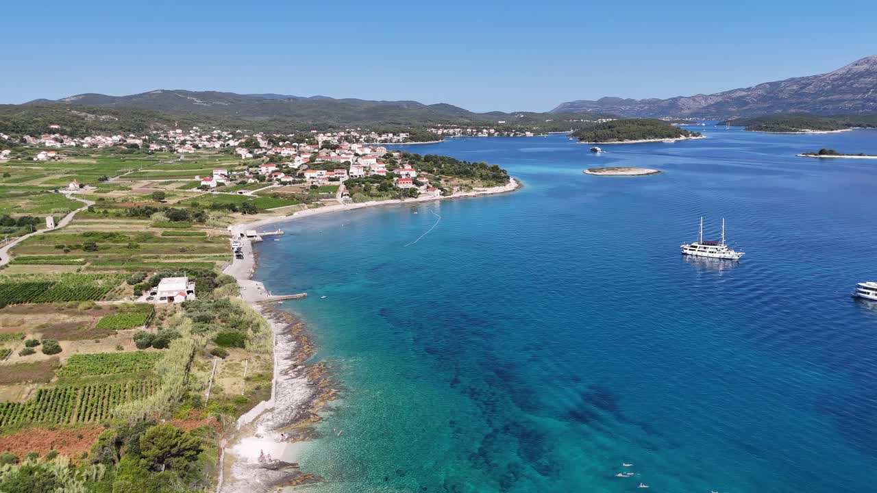 Aerial drone view of boats and ships cruise sail sailing in the adriatic sea off the coast of croatia