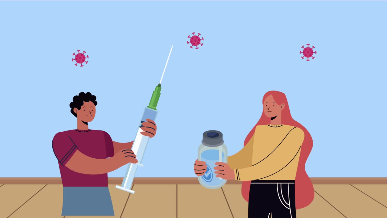 covid19 disease animation with particles and couple lifting vaccine