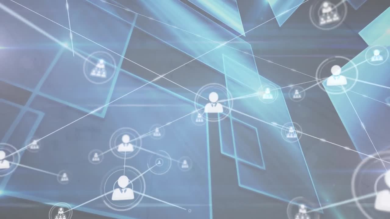 투명한 직사각형과 렌즈 플레어 위에 선으로 상호 연결되는 프로필 아이콘의 애니메이션