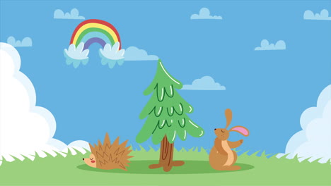 rainbow and animals with tree landscape animation