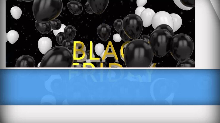 Animazione del testo "Black Friday" e palloncini che volano su sfondo nero.