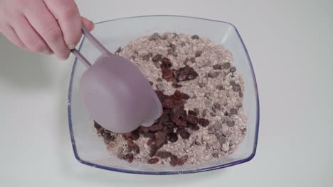 adding raisins to oatmeal chocolate chip cookie mix, overhead closeup