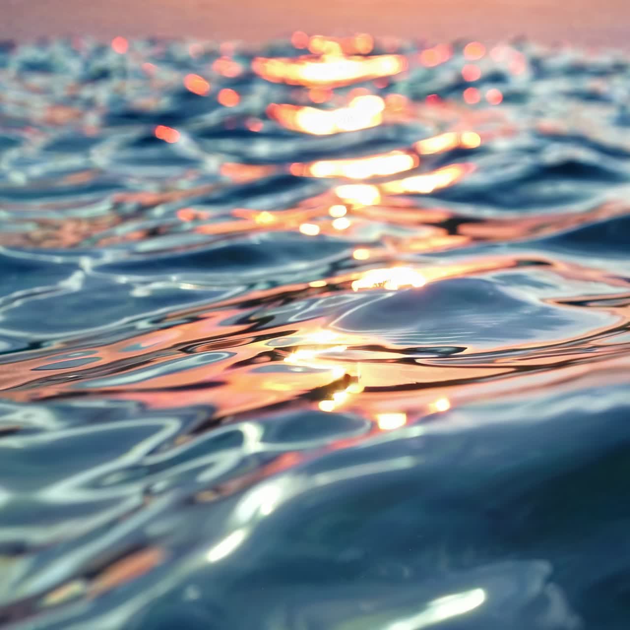 Close-up video of ocean waves reflecting sunset colors, captured from a low angle, creating a serene