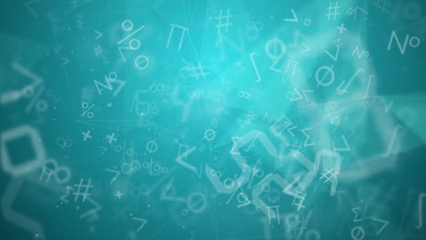 animated abstract mathematical green background with flying symbols, numbers and triangles. looped motion graphics.
