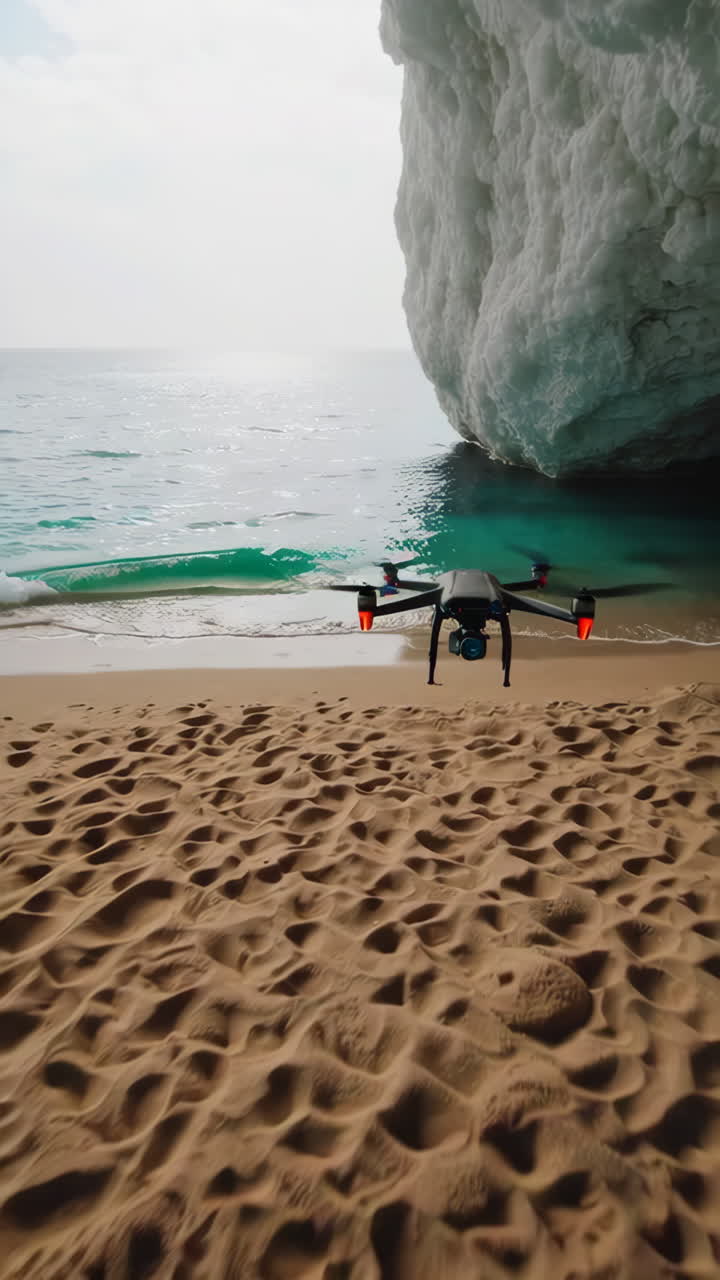 Drone flying over an ice cave beach