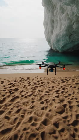 drone flying over an ice cave beach