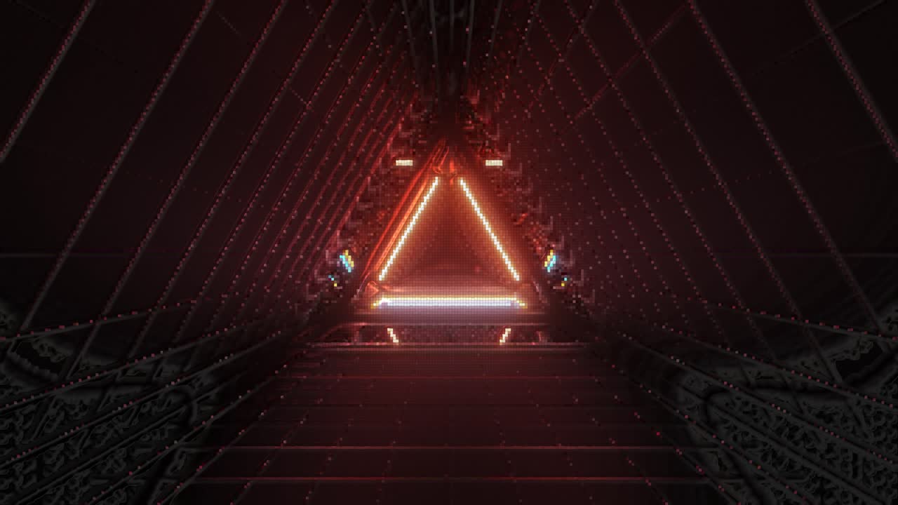 bucle vj: volando a través de un túnel retro triangular de baja resolución, con luces de neón rojas, naranjas y azules brillantes