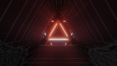 VJ-Loop---Flying-Through-a-Triangular-Low-Resolution-Retro-Tunnel,-with-Glowing-Red,-Orange-and-Blue-Neon-Lights