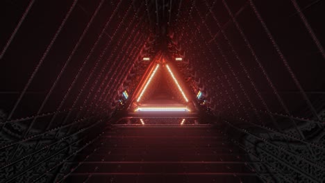 bucle vj: volando a través de un túnel retro triangular de baja resolución, con luces de neón rojas, naranjas y azules brillantes