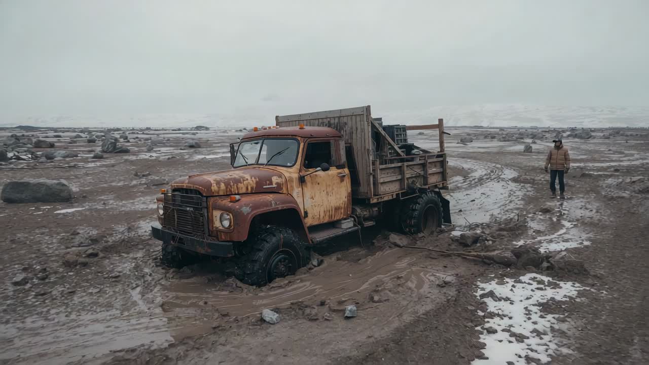 Inspecting man walking toward rusted dump truck sinking in thick slushy mud on mudflat, with crates