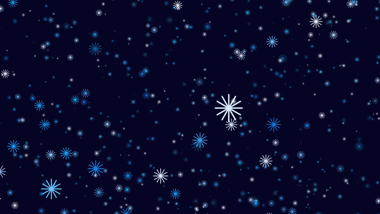 Blue and white snowflake pattern on black background with large white snowflakes outlined in blue, creating a symmetrical and elegant winter design