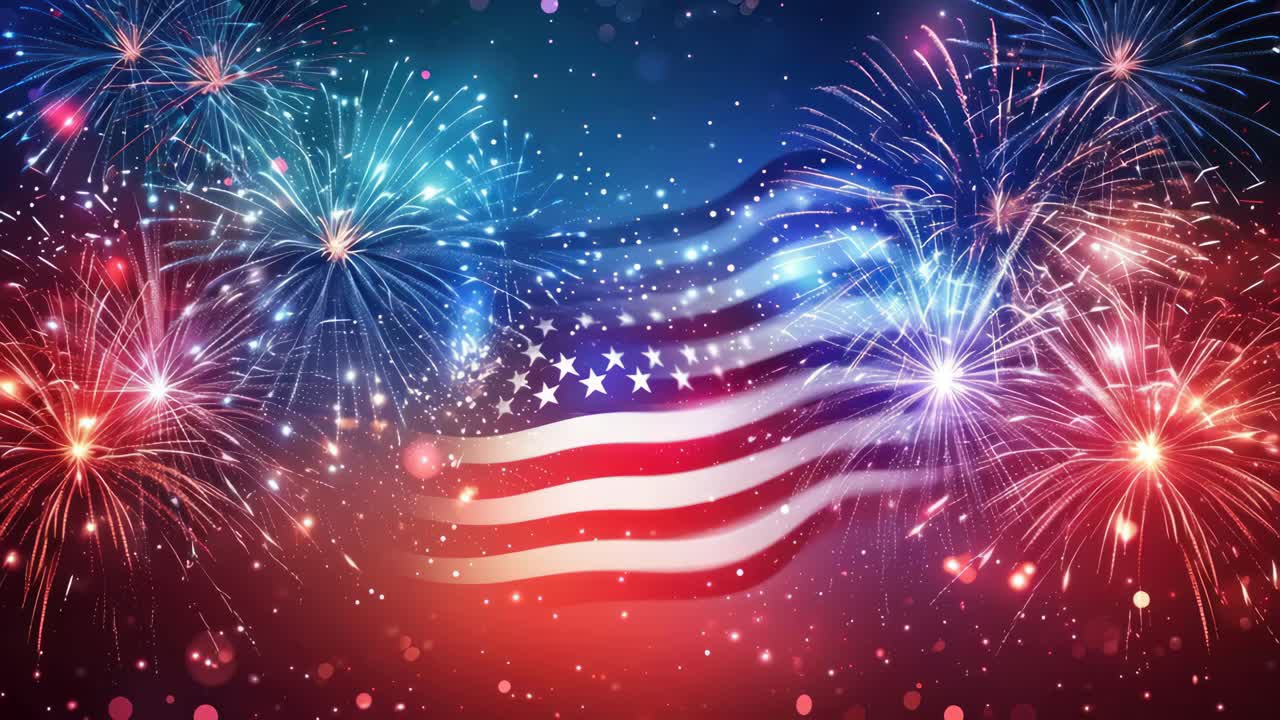 Vibrant video concept of a waving American flag surrounded by colorful fireworks
