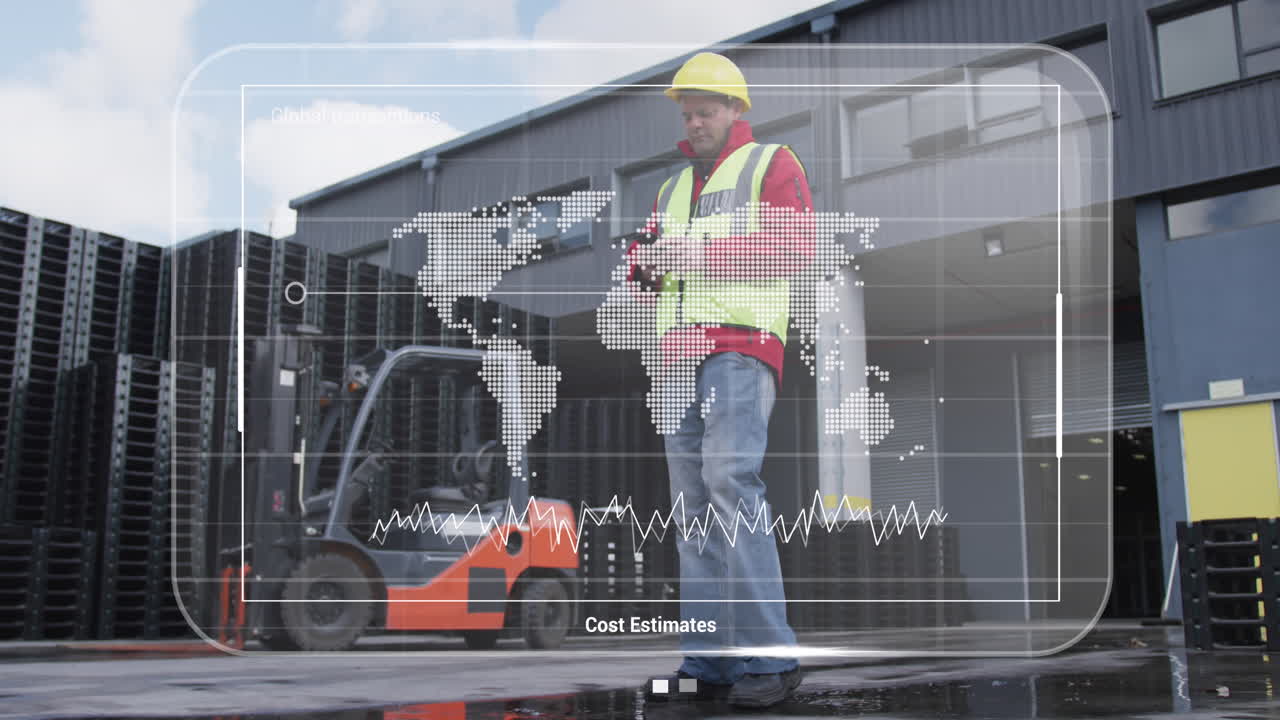 animación de datos en pantallas sobre trabajador de almacén caucásico con teléfono inteligente