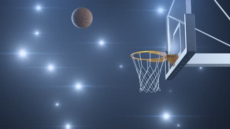 basketball hit the basket in slow motion on the background of flashes of cameras