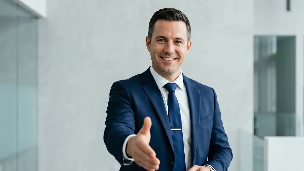 Uomo d'affari sorridente che porge la mano per una stretta di mano in un luminoso e moderno ambiente d'ufficio