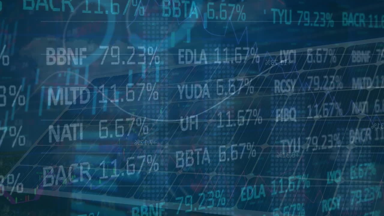 Animation of trading board over multiple graphs with numbers against blue background