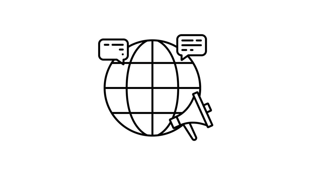 Icona Animata Line Art di Comunicazione Globale con Megafono e Fumetti
