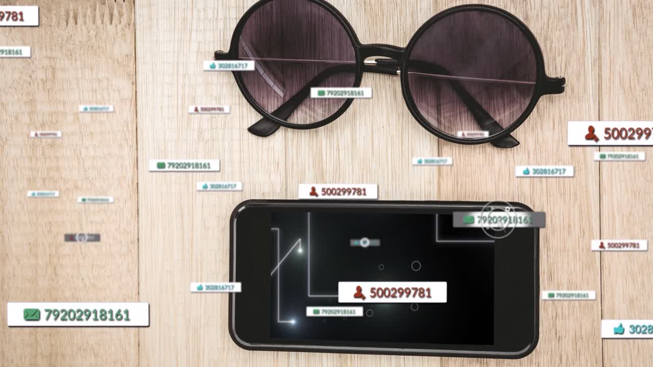 animación de iconos y números de redes sociales a través de teléfonos inteligentes y gafas de sol