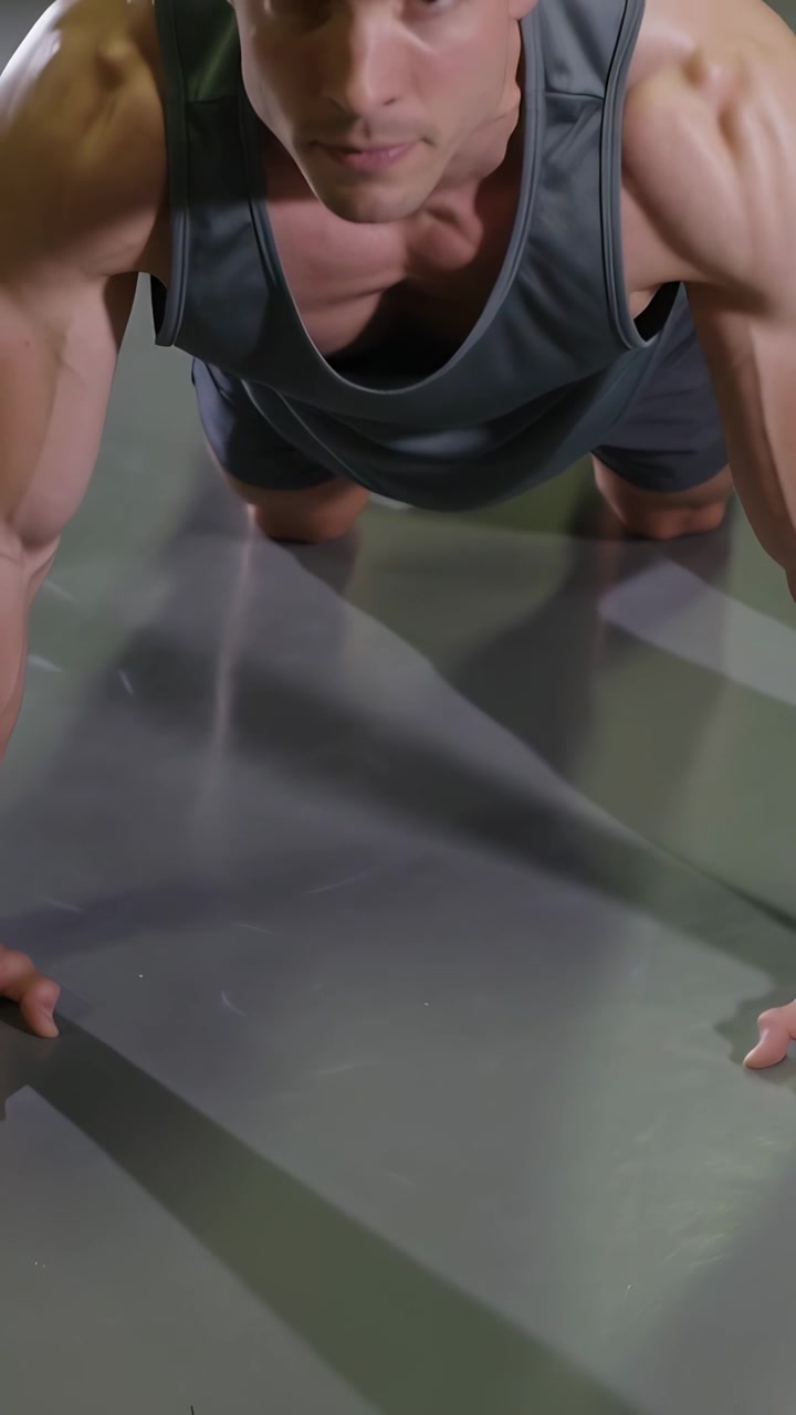 Video verticale: Uomo in canottiera che si solleva da una posizione bassa in palestra, con pavimento lucido, durante un allenamento.