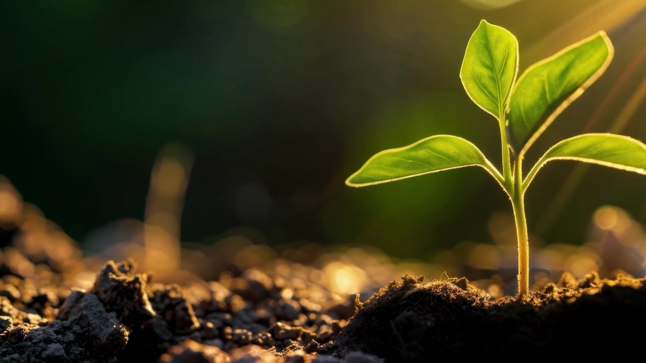 Small Green Sprout Growing in Soil at Sunrise