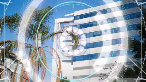 animación del procesamiento de datos sobre un edificio moderno