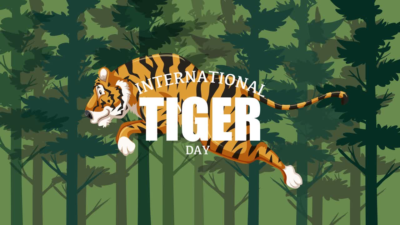 애니메이션 호랑이가 숲을 배경으로 움직입니다.