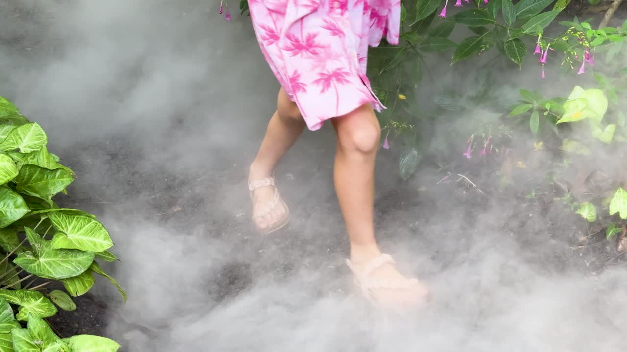 Child in pink dress walks through lush, misty garden with soft natural daylight, steady camera