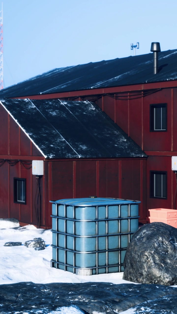 Rød bygning omgivet af sne med en blå vandtank under en klar himmel.