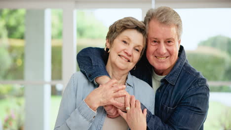 love, hug and happy old couple in home with trust