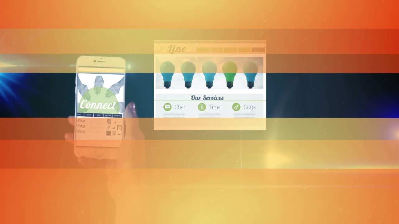 Animation of orange gradient stripes against hand using smartphone with data processing