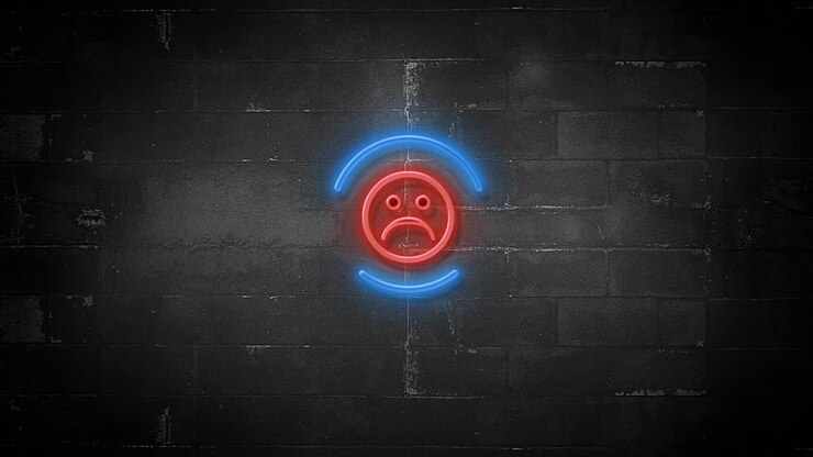 Unhappy Emoji Smiley Icon on Flickering Neon Sign in 4K Resolution