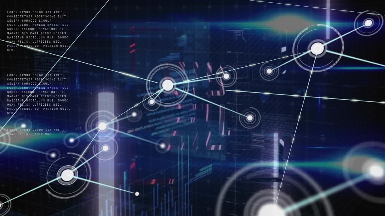 Animation of network of profile icons over interface with data processing on blue background