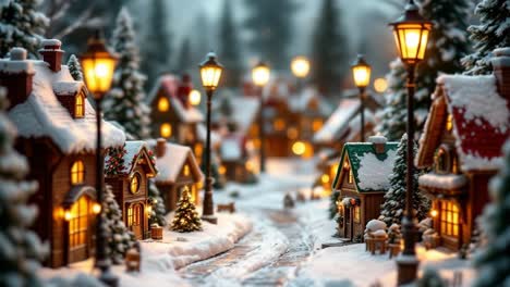 cozy miniature snowy christmas village with glowing lights