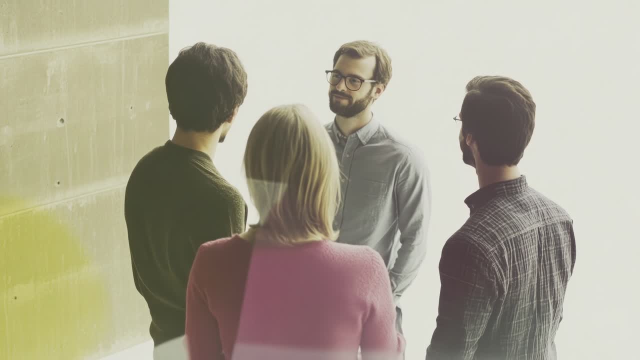 Overhead angle of a group discussion in a minimalist setting, resembling a candid video