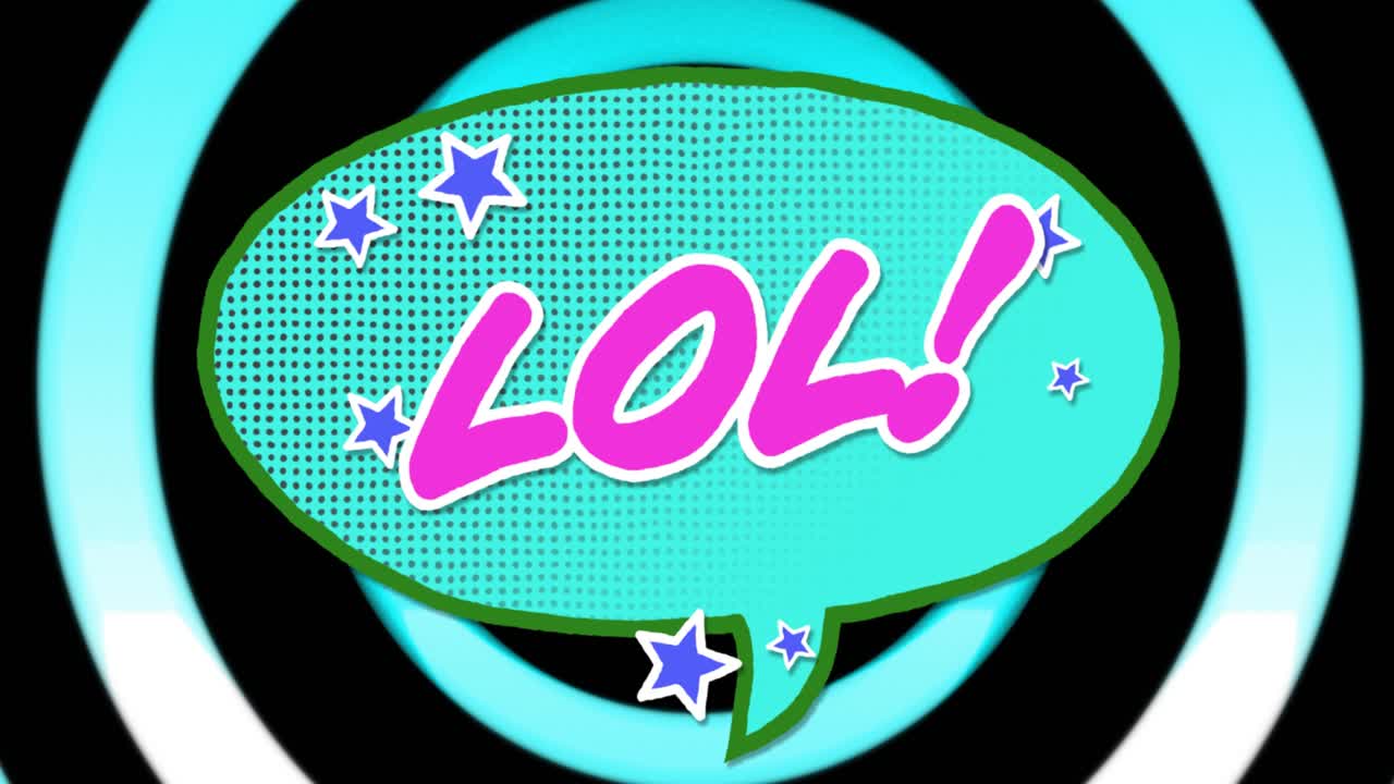 검은색 배경의 다채로운 원 위에 lol 텍스트의 애니메이션